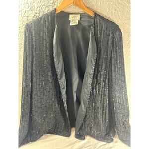 VTG JMC Women Silk Beaded Cardigan Size L Black Embellished